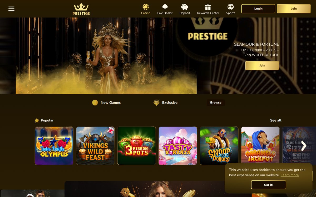 Casino Prestige plateforme page accueil et lobby